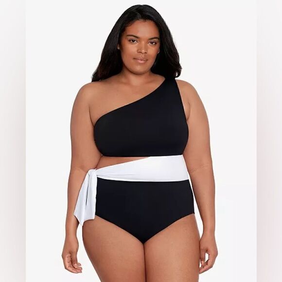 Lauren Ralph Lauren Women's Plus Size Bel Air Cut Out One Shoulder swimsuit - Picture 1 of 11